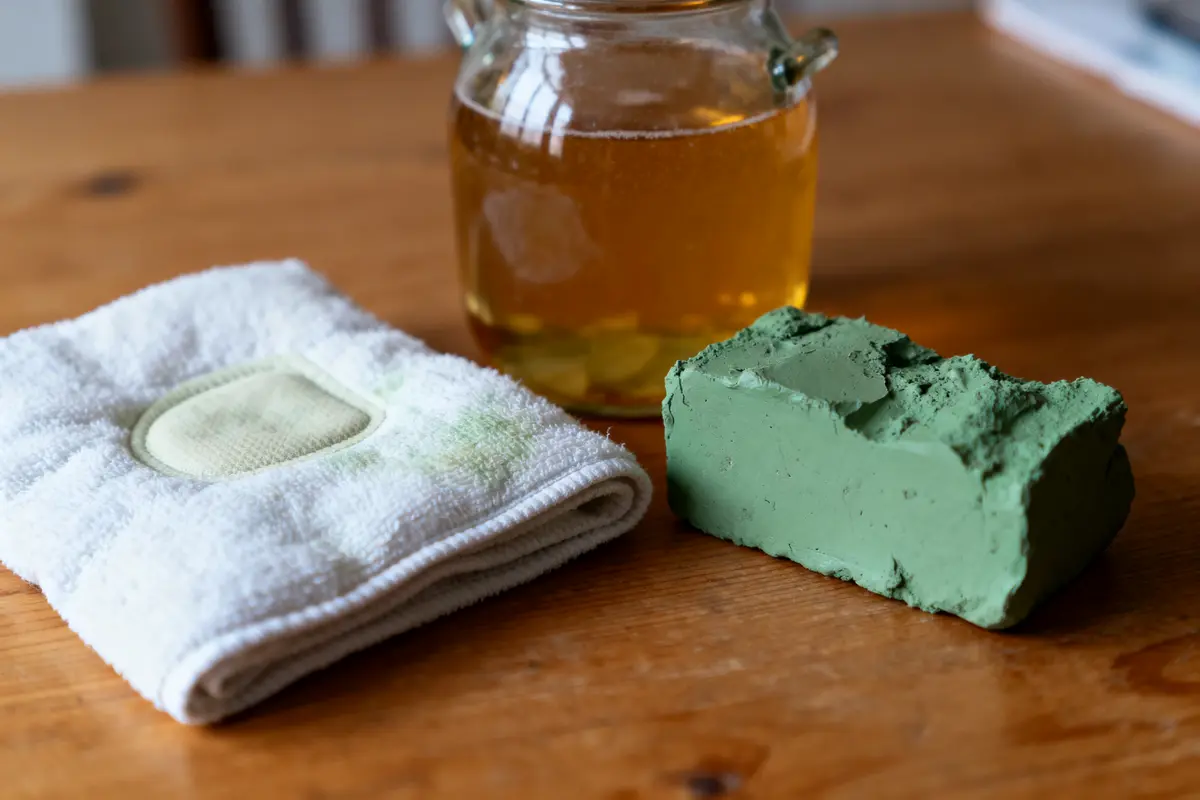 Bocal de miel, gant blanc et barre verte sur table en bois.
