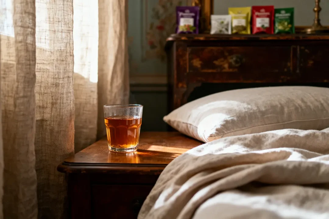 Verre de thé sur table de nuit en bois, à côté d'un lit avec coussin lumineux.