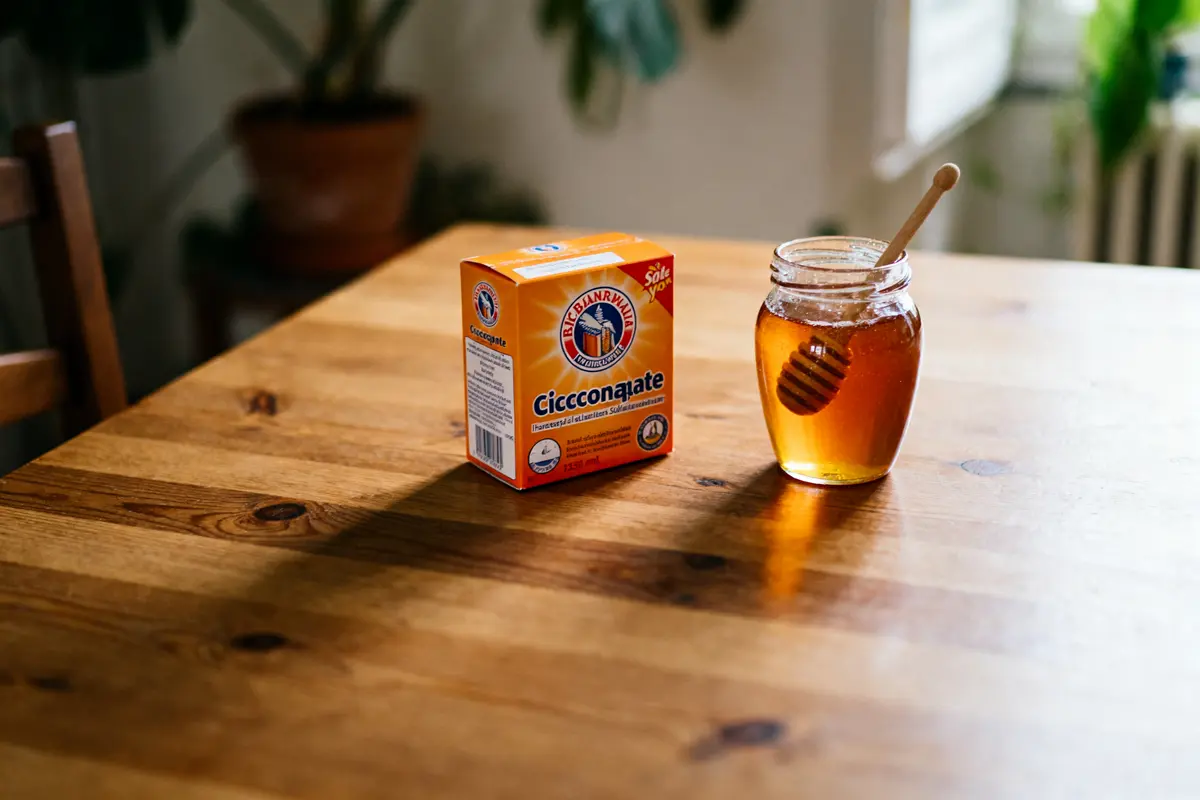 Boîte de bicarbonate et pot de miel avec cuillère en bois sur table en bois.