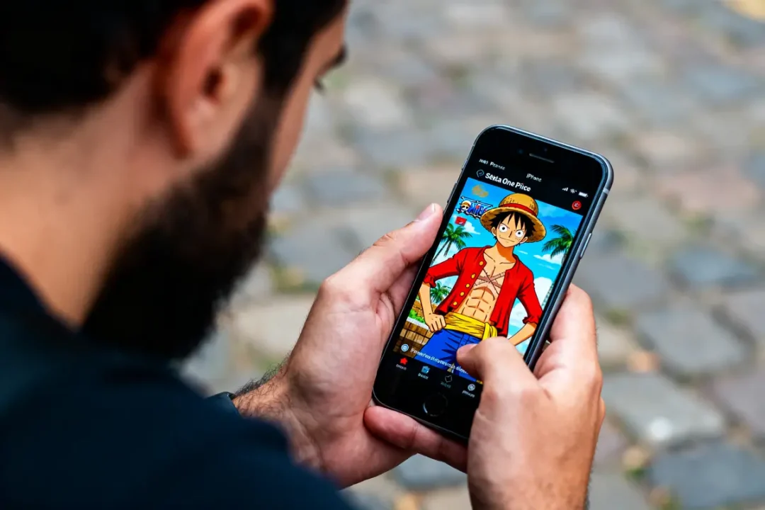 Personne tenant un smartphone affichant un personnage en animation colorée sur l'écran, arrière-plan flou de pavés.