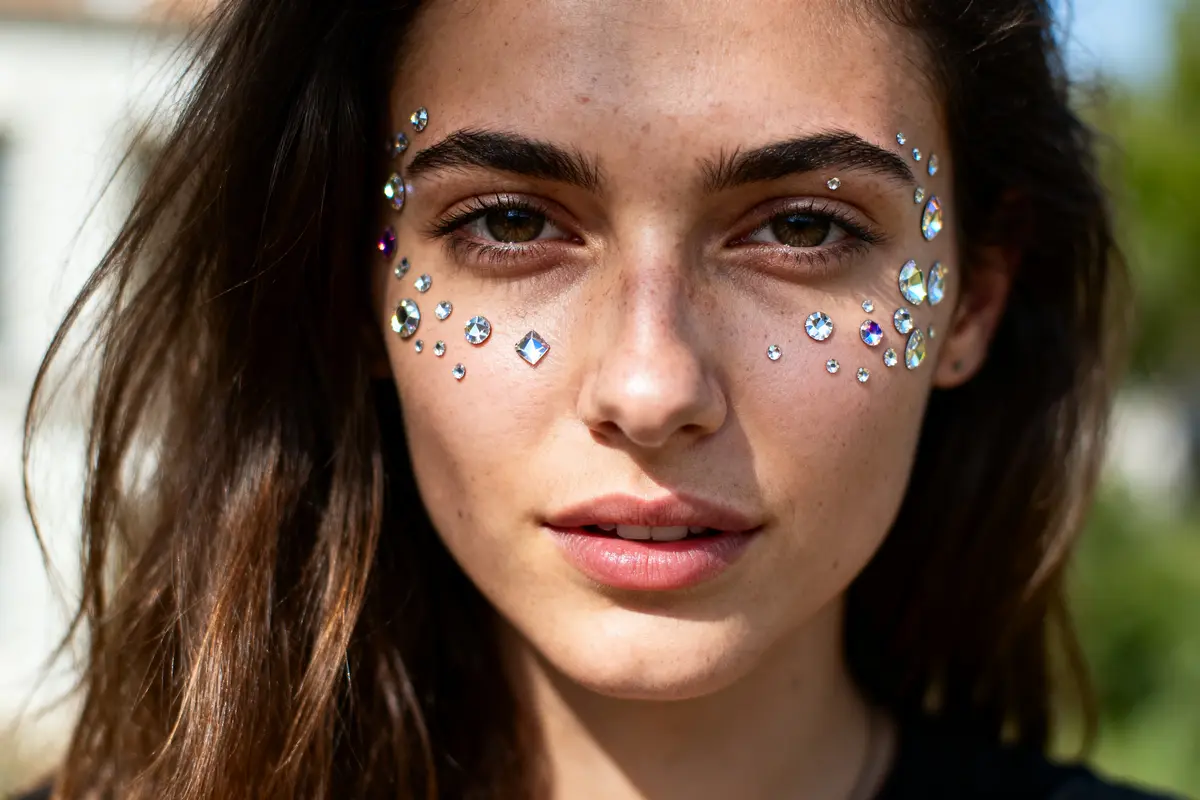 Femme avec pierres brillantes décoratives sur le visage, cheveux bruns, extérieur ensoleillé.