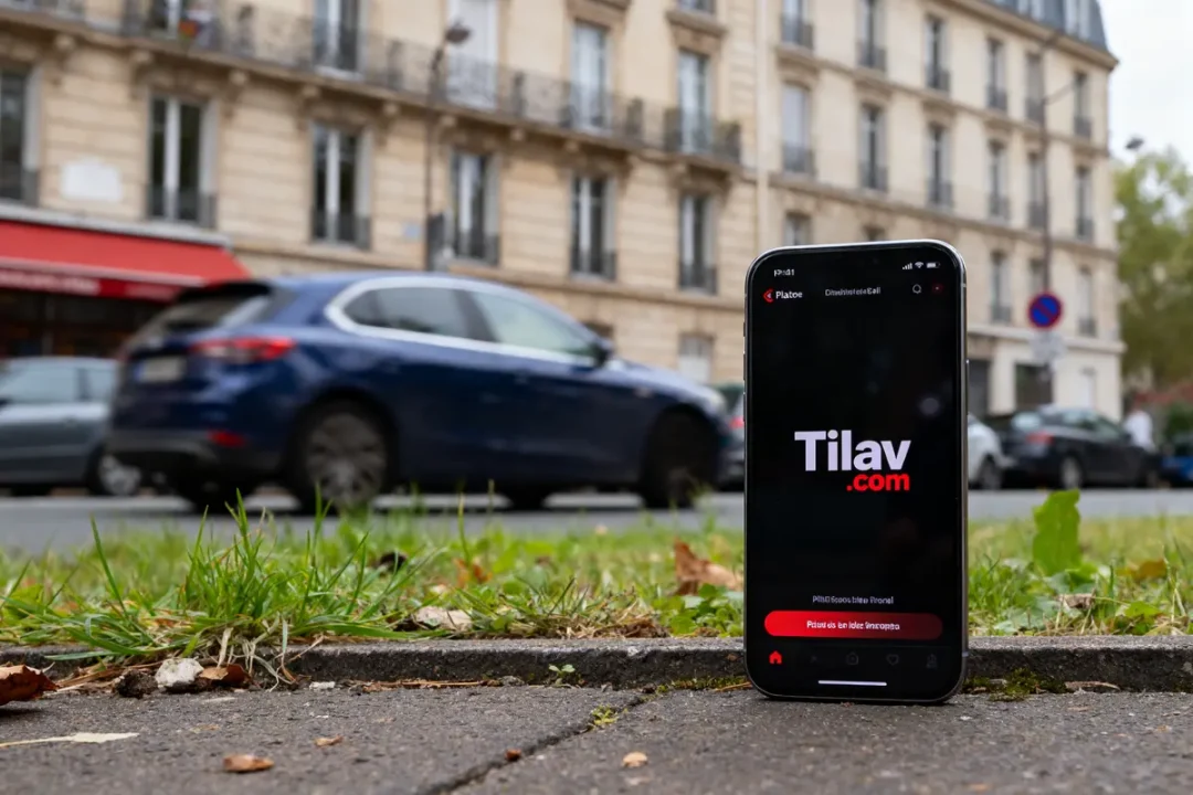 Smartphone avec écran allumé affichant "Tilav.com", posé sur trottoir devant voiture bleue et bâtiment parisien.