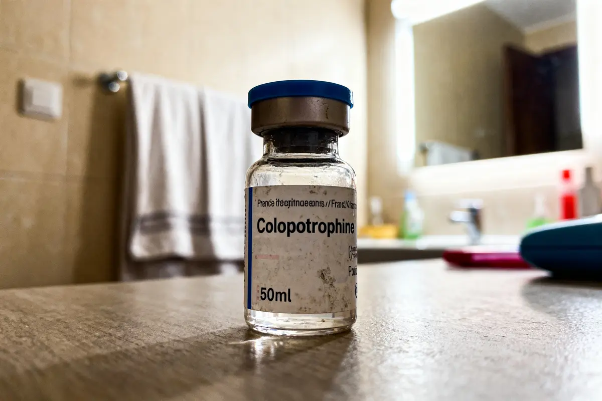 Flacon de Colopotrophine de 50 ml posé sur un comptoir de salle de bain.