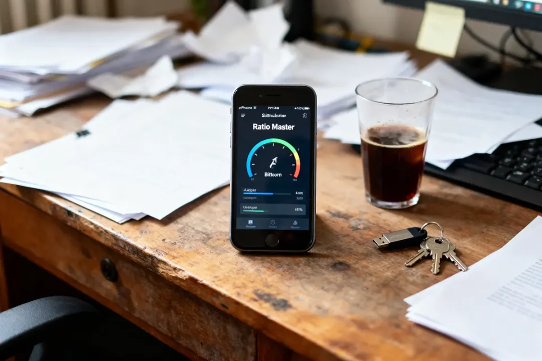 Smartphone avec application "Ratio Master" sur bureau en bois, papiers, verre de soda, clés USB, ordinateur.