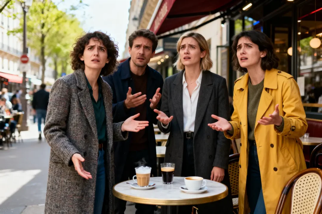 Quatre personnes perplexes discutant devant un café en terrasse, boissons sur la table, rue en arrière-plan.