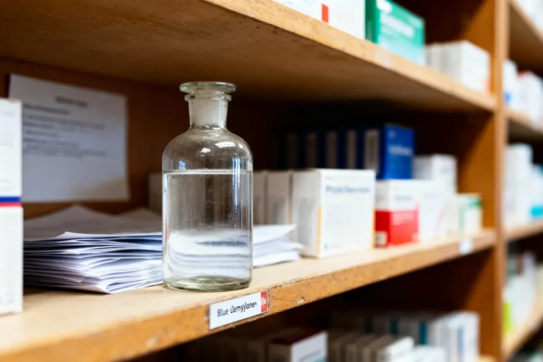 Bouteille en verre sur une étagère avec boîtes de médicaments, vue d'une pharmacie.