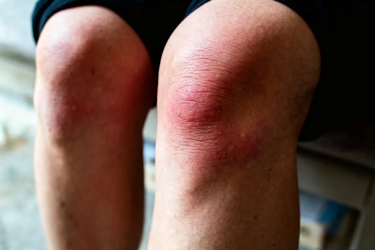 Deux genoux irrités avec rougeurs et squames, probablement dus à une affection cutanée comme l'eczéma ou le psoriasis.