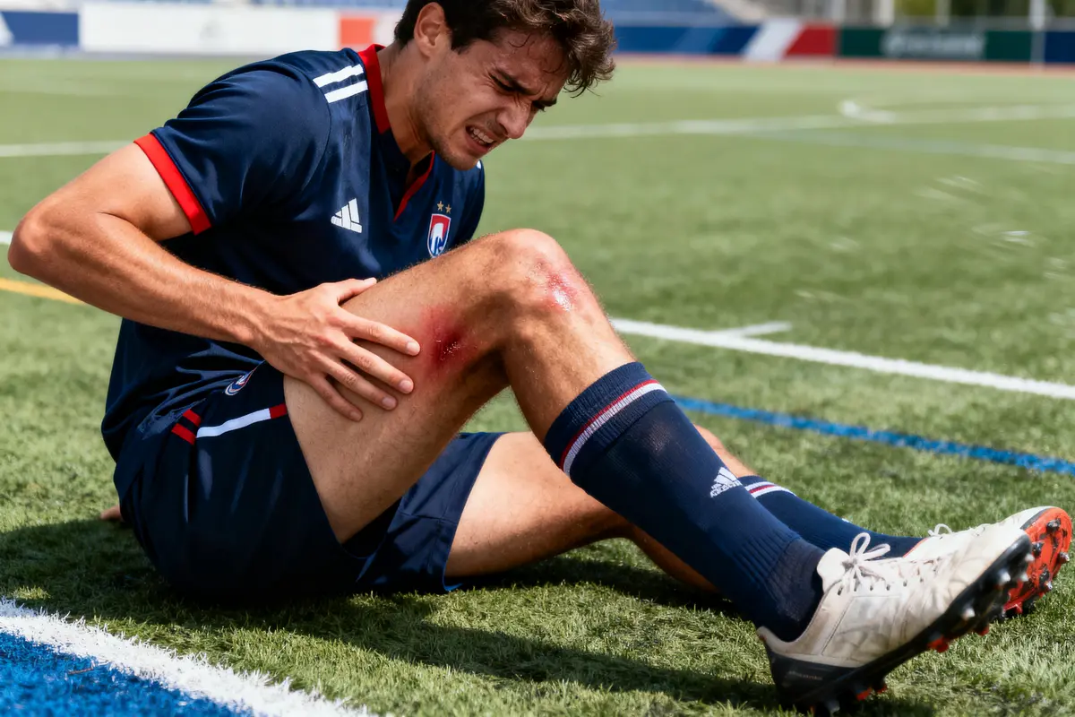 Joueur de football blessé au genou, grimace de douleur sur terrain en gazon synthétique.