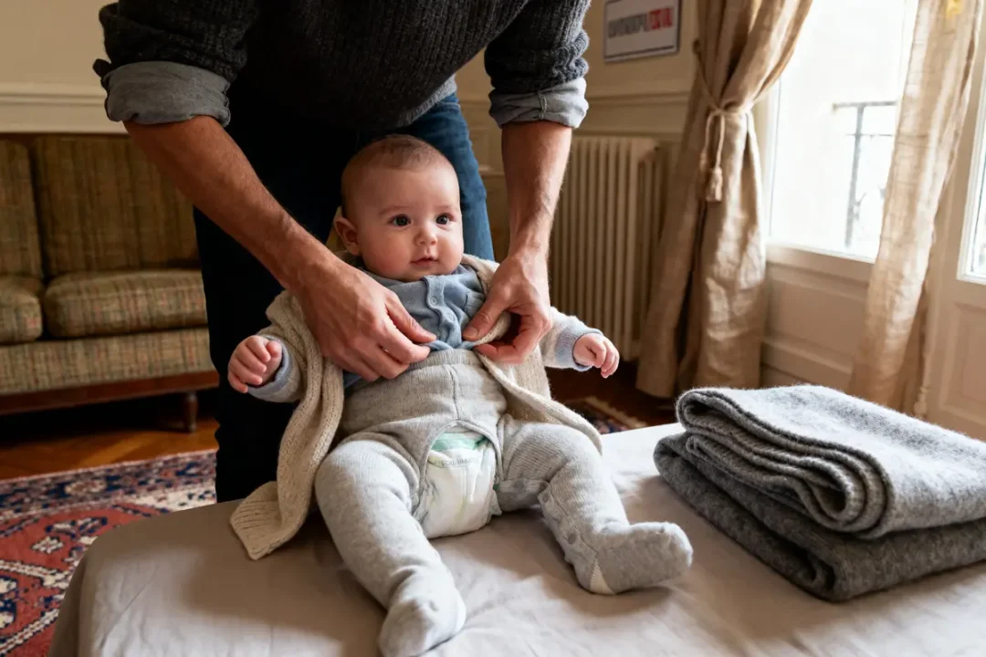 Un adulte habille un bébé assis sur une table, à côté de couvertures grises.
