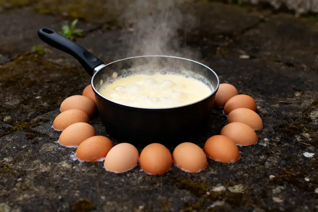 Casserole avec mélange d'œufs cuits, entourée d'œufs entiers, sur sol en pierre.