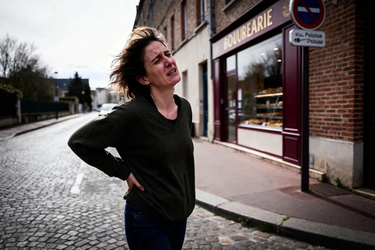 Femme souffrante, main au dos, devant boulangerie parisienne, rue pavée, journée venteuse.