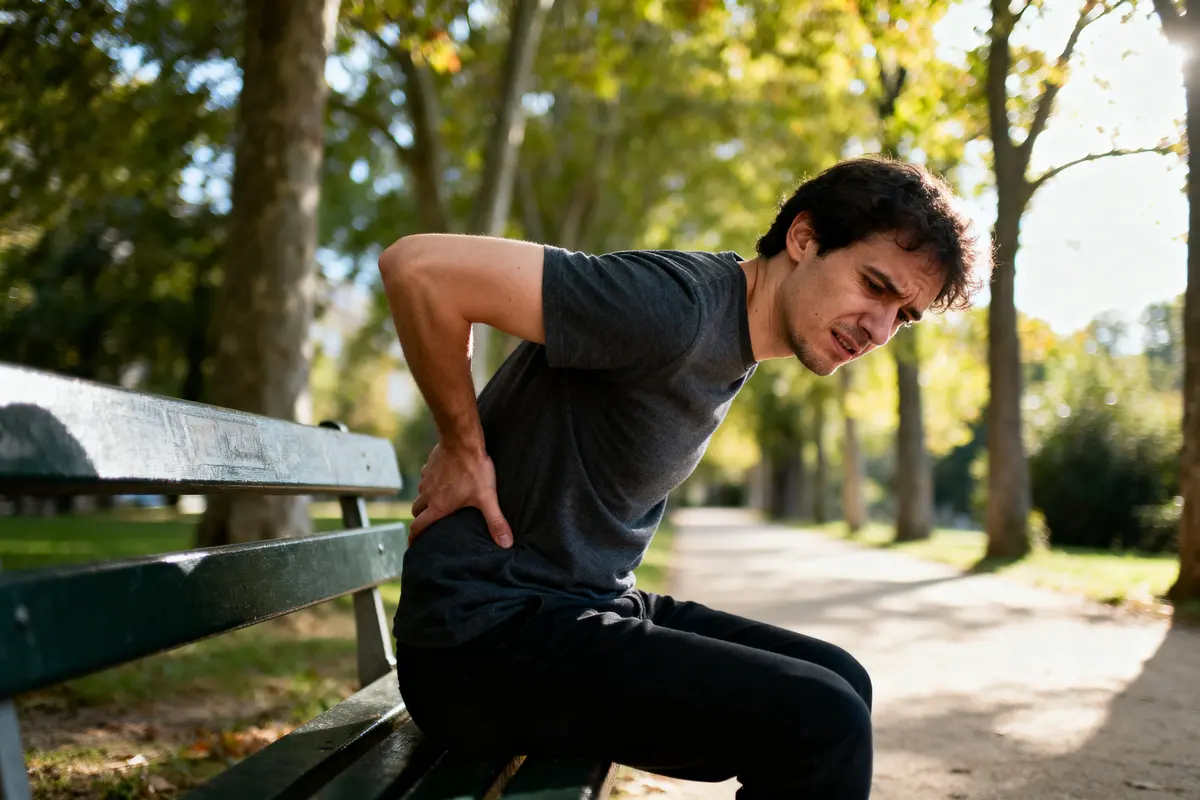 Homme assis sur un banc, tenant son dos douloureux, dans un parc ensoleillé.