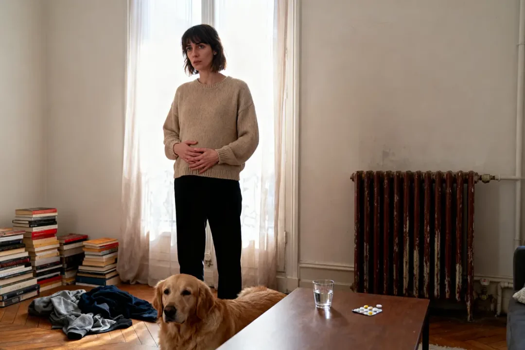 Femme debout avec chien, livres empilés, radiateur, vêtements au sol, verre d'eau, comprimés sur table.