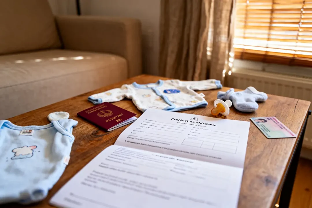 Vêtements bébé, projet de naissance, passeport et carte d'identité sur une table.