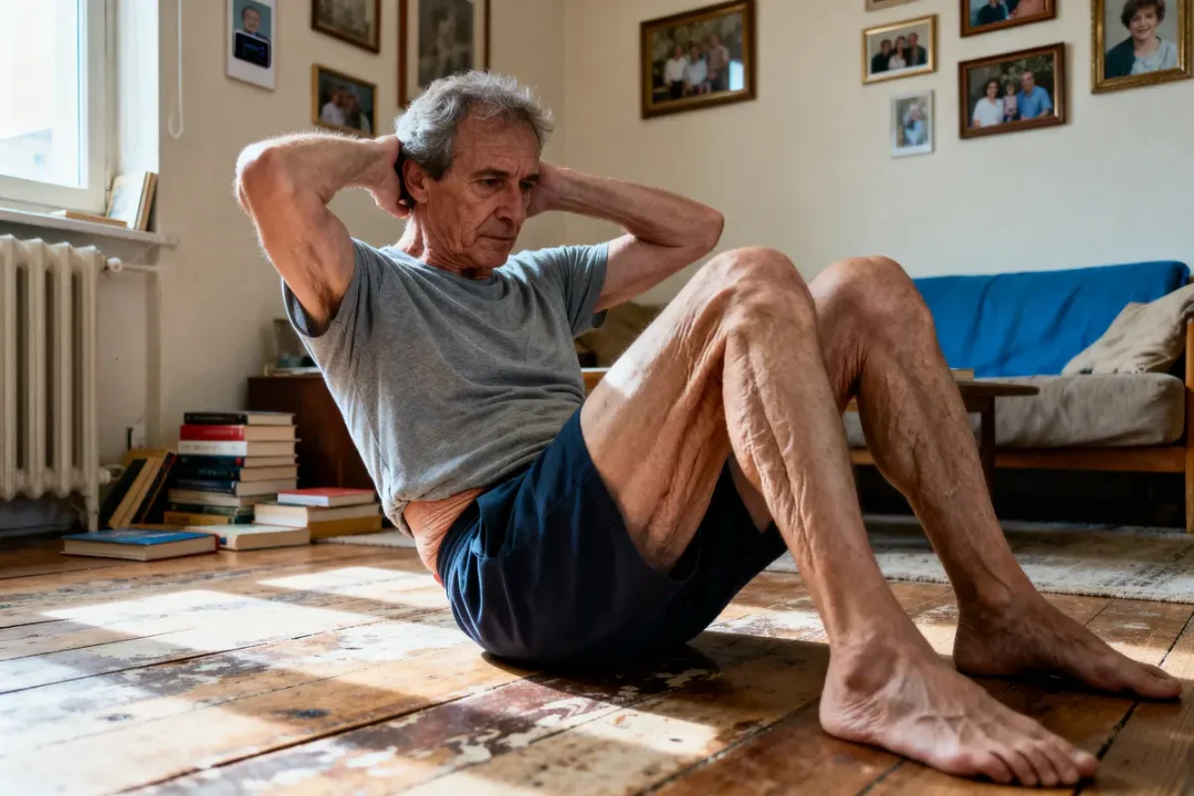 Personne âgée faisant des abdominaux sur le sol dans un salon, entourée de livres et de photos encadrées.