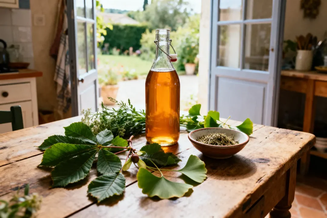 Bouteille de liquide ambré sur table avec plantes et jardin en arrière-plan. Lumière naturelle.