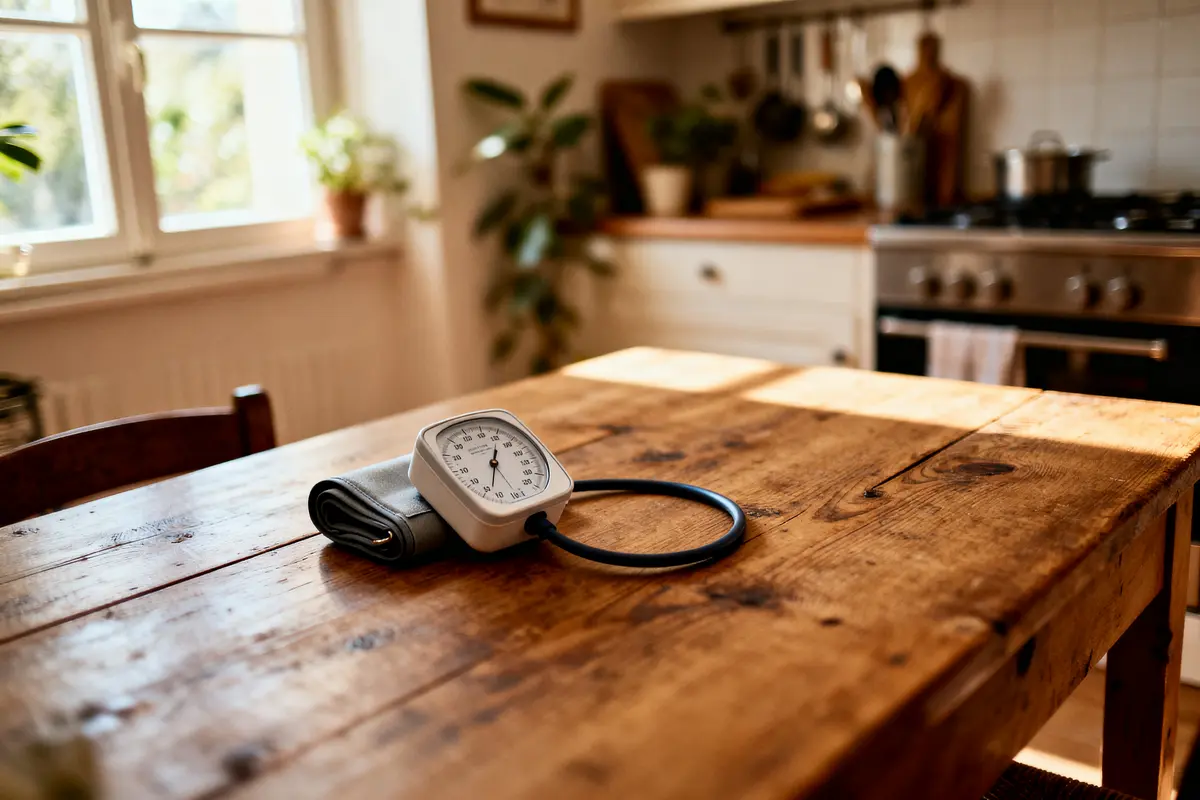 Tensiomètre sur une table en bois, cuisine lumineuse en arrière-plan avec plantes et ustensiles.