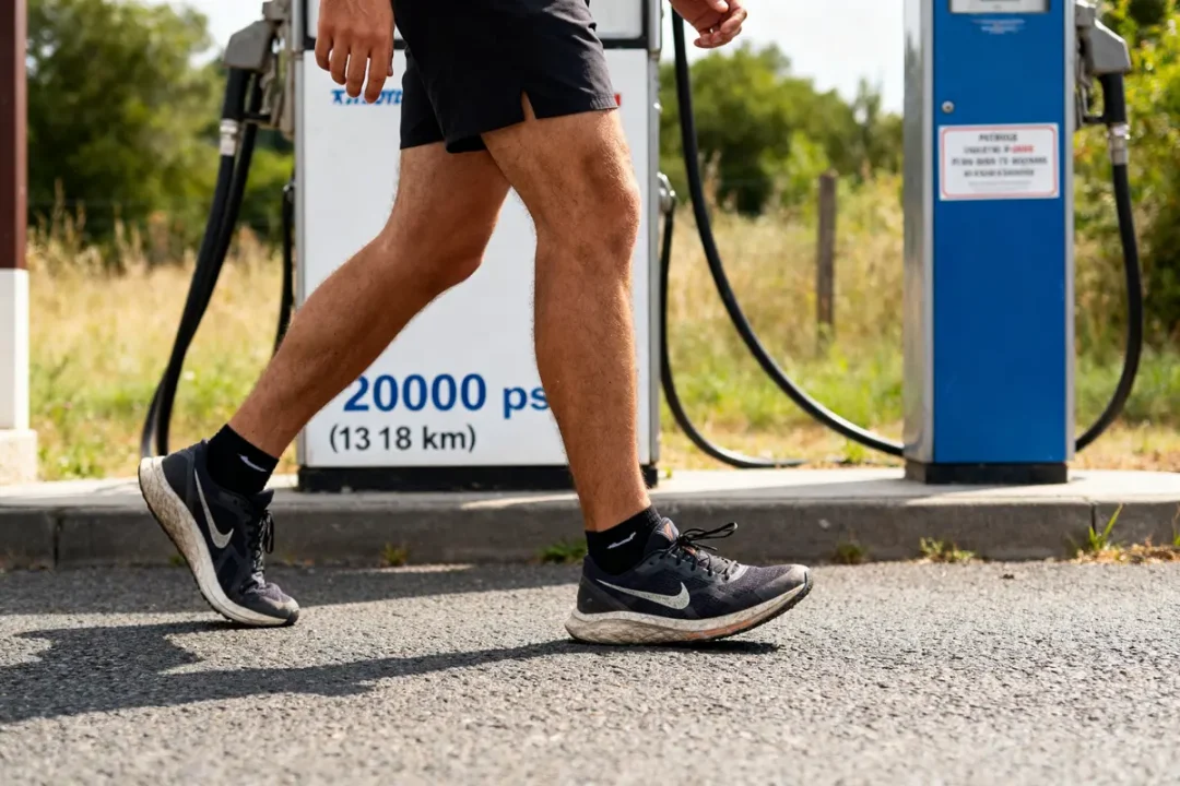 Personne marchant près d'une pompe affichant 20000 pas en km sur fond de campagne