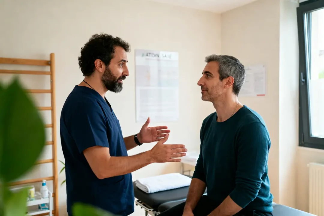 Un professionnel d'ATDN Santé discute avec un patient dans un cabinet médical lumineux