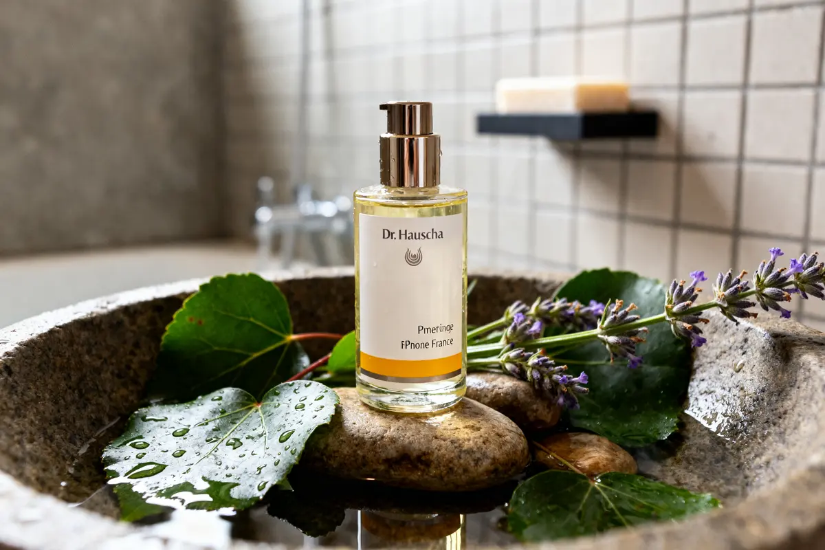 Flacon Dr Hauschka danger posé sur pierre avec feuilles et fleurs de lavande.
