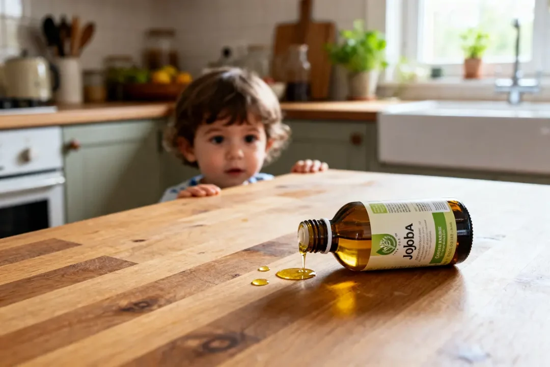 Enfant curieux près d'une bouteille d'huile de jojoba renversée illustrant le danger potentiel.