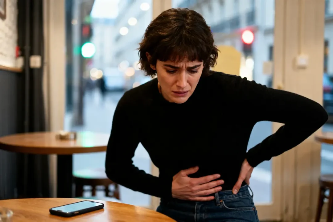 Personne souffrant de douleur à gauche du ventre dans un café avec téléphone sur table