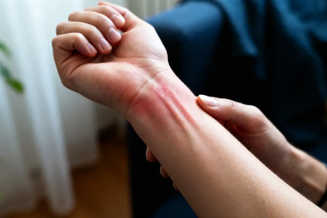 Personne massant poignet douloureux et rouge, douleur au poignet quand je m'appuie dessus