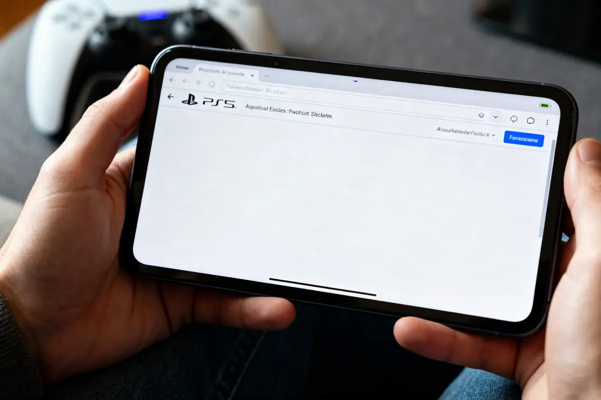 Personne utilisant le navigateur internet PS5 sur smartphone avec manette visible en arrière-plan