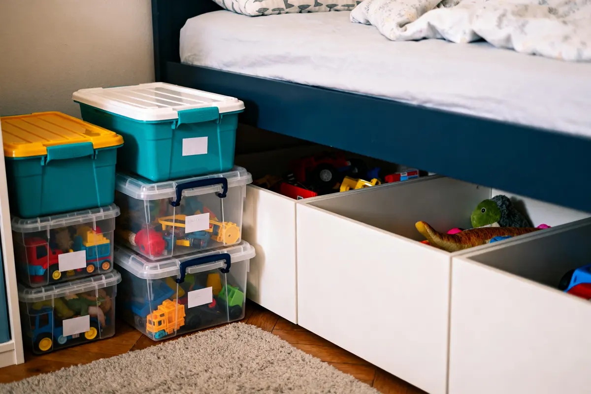 Bacs en plastique empilés pour storing toys sous un lit dans une chambre d'enfant