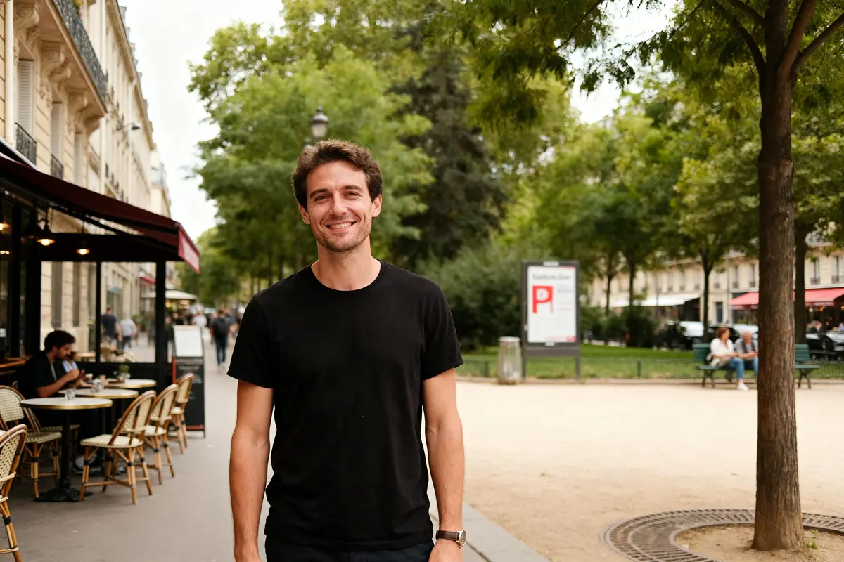 Un homme souriant dans une rue de Paris illustre la taille moyenne d'un homme en France