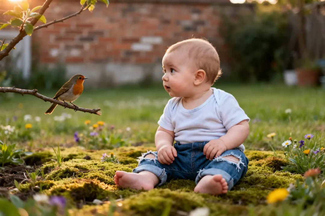 Bébé assis dans l'herbe, regardant un oiseau, illustrant la vision des bébés nature