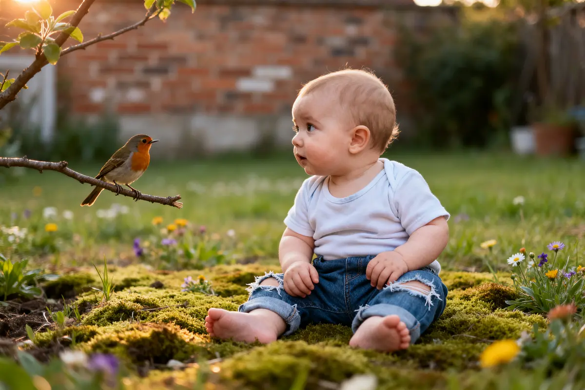 Bébé assis dans l'herbe, regardant un oiseau, illustrant la vision des bébés nature