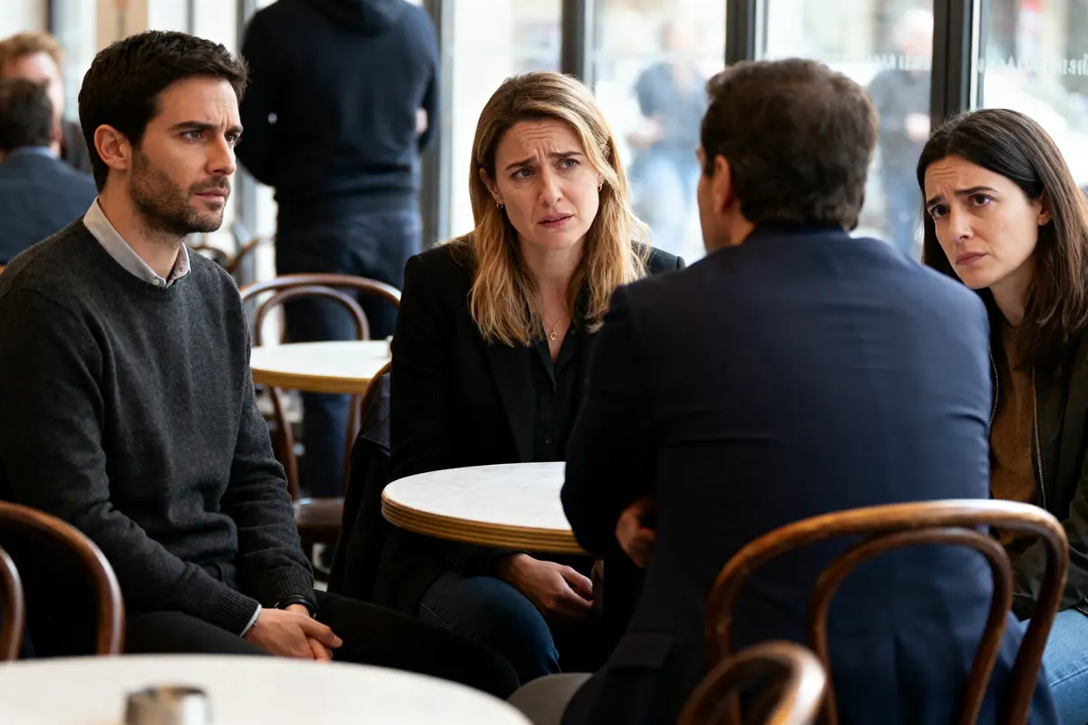Groupe de personnes discutant sérieusement des avis négatifs sur le HIFU dans un café