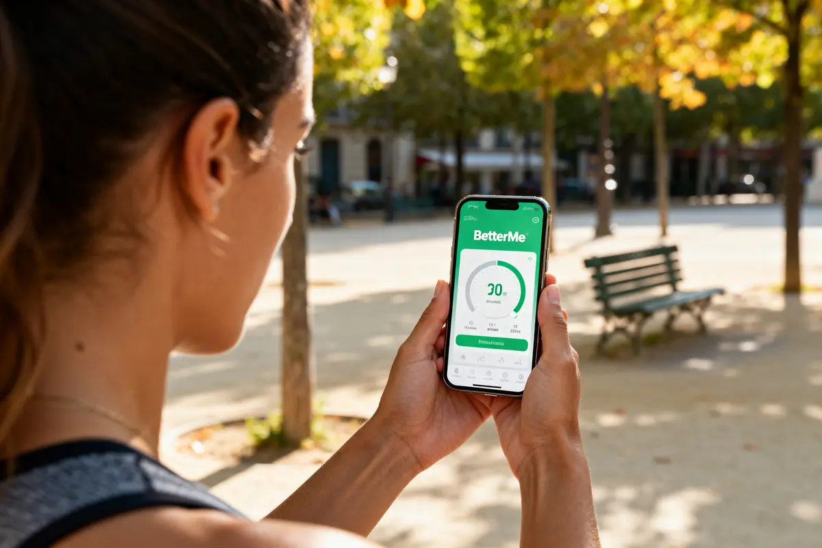 Une femme consulte l'application fitness BetterMe sur smartphone en extérieur avis sur BetterMe