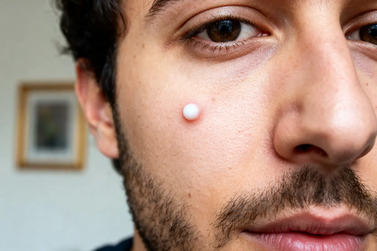 Visage d'homme avec un bouton blanc sur la joue blanche