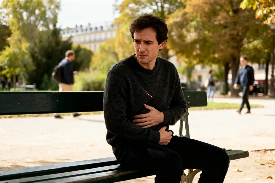 Homme assis sur un banc, souffrant, se demande combien de temps dure la douleur pour une côte fêlée