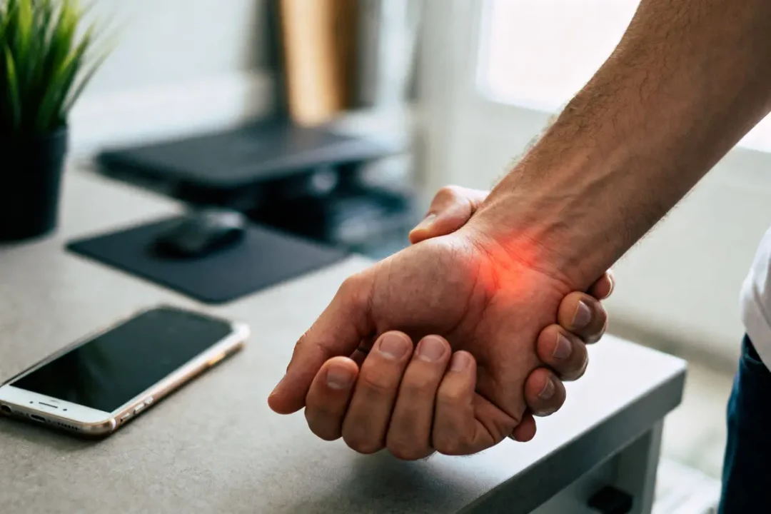 Homme tenant son poignet avec douleur au poignet lumineuse près d'un bureau