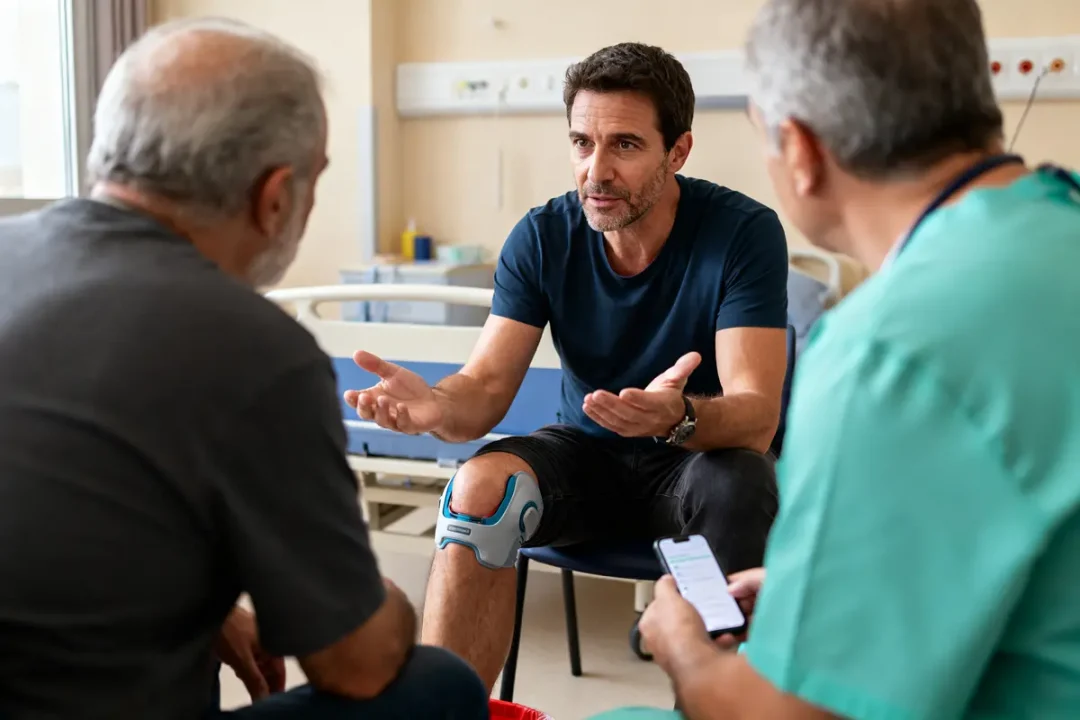 Homme discutant avec médecins dans un forum sur la douleur après prothèse du genou