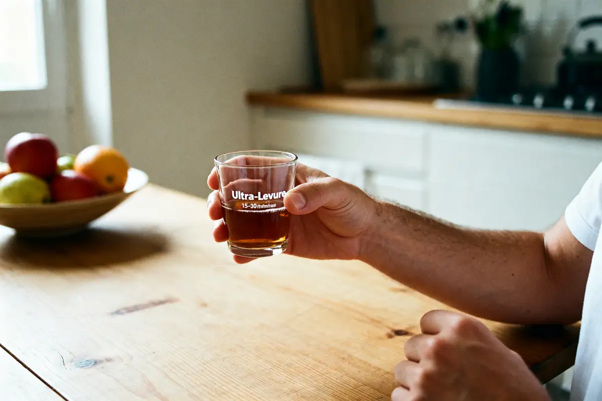 Main tenant un verre d'Ultra-Levure, question sur prendre Ultra-Levure avant ou après le repas