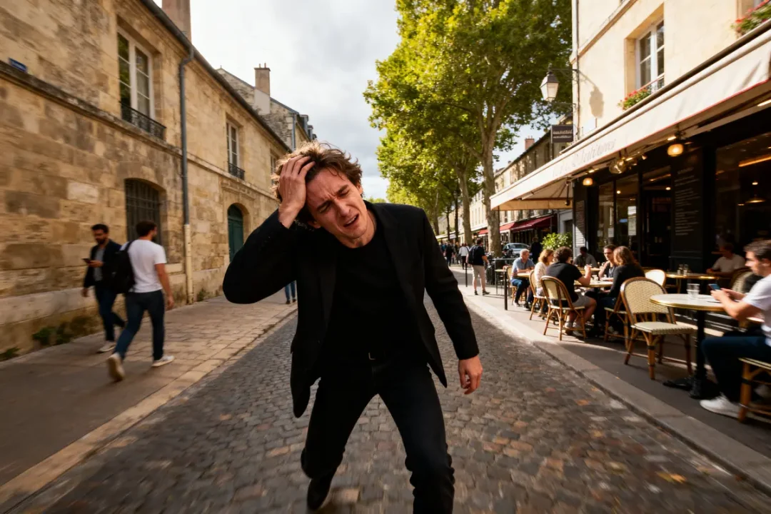 Homme souffrant d'une sensation étrange dans la tête et vertige dans une rue animée