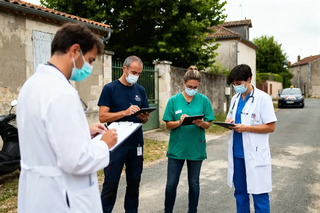 Professionnels de Santé Publique France discutant sur une rue masqués avec des tablettes et dossiers