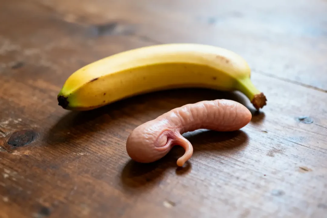 Banane posée à côté d'un modèle anatomique de prostate sur une table en bois