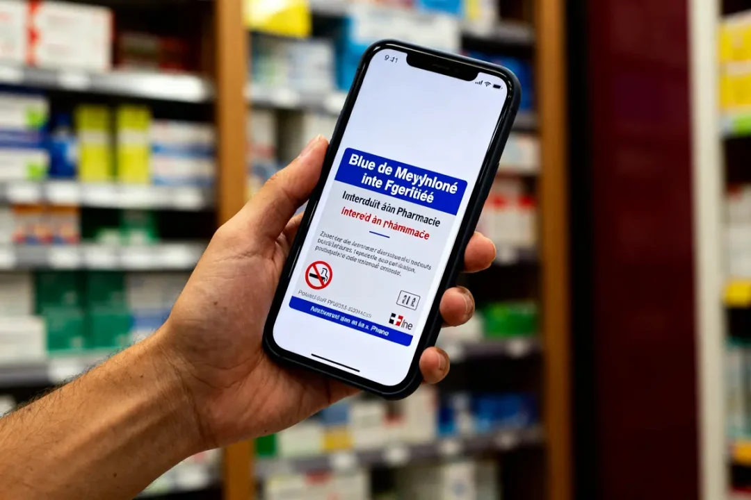 Main tenant un téléphone affichant bleu de méthylène interdit en pharmacie devant des étagères