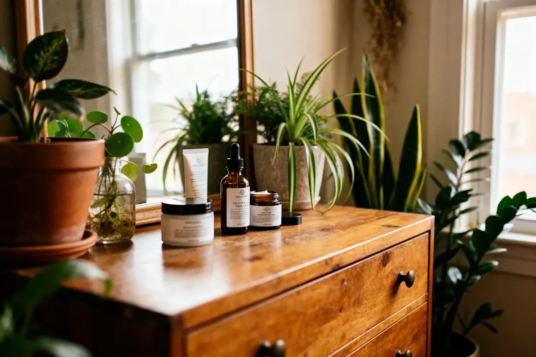 Produits de beauté et plantes d'intérieur sur commode en bois dans blog Cécile Briat