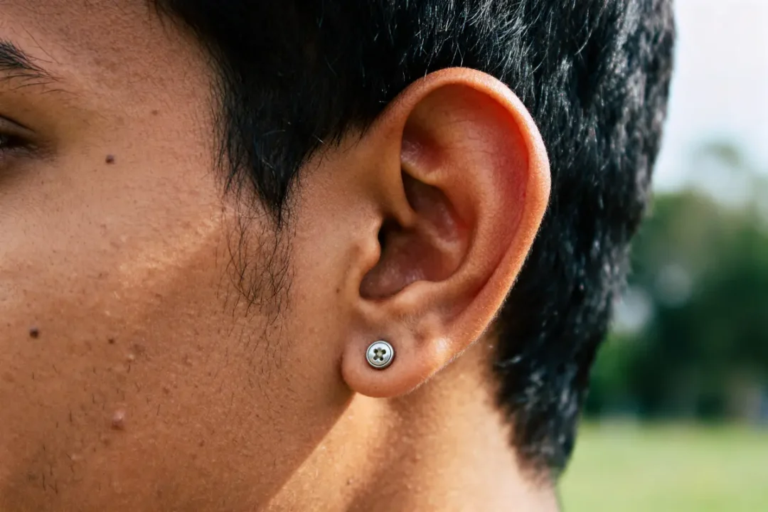 Jeune homme avec bouton dans l'oreille comme boucle d'oreille originale et créative