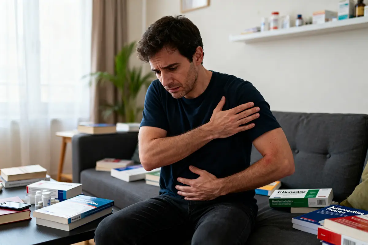 Homme souffrant de douleur musculaire chez lui, mentionnant le danger de l'atorvastatine