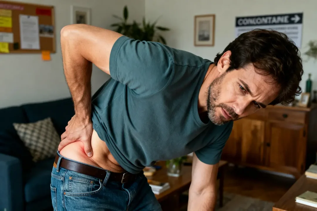 Homme souffrant de douleur fessière se tenant le bas du dos dans un salon