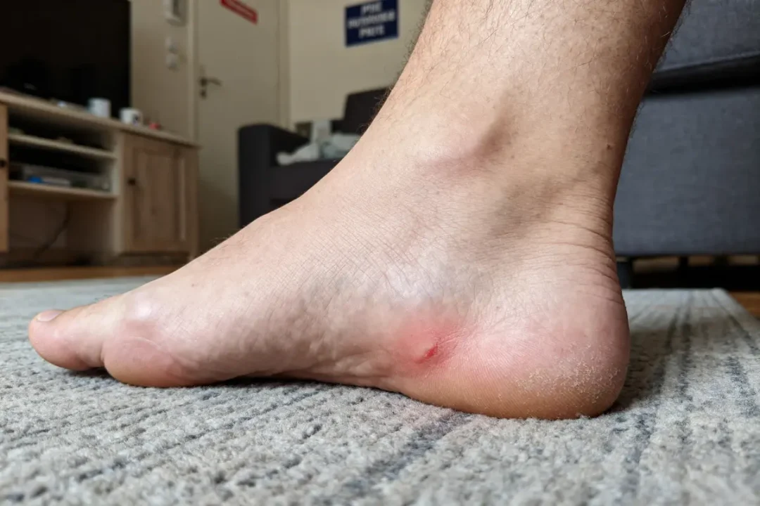 Pied avec zone rouge montrant douleur sous le talon sur un tapis intérieur