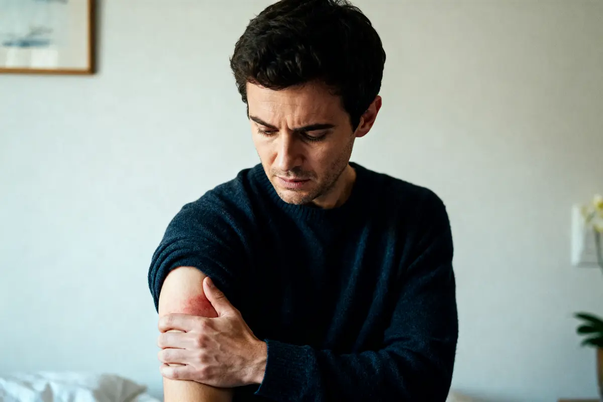Homme tenant son bras gauche avec douleur sur le bras gauche visible et rougeur importante