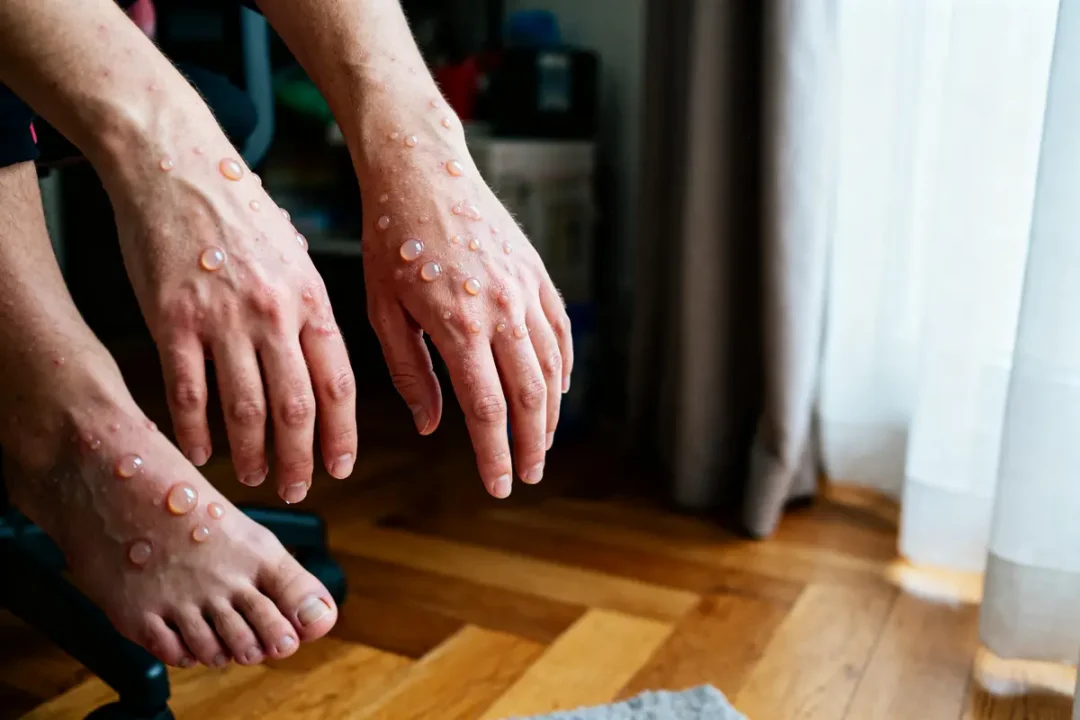 Main et pied atteints d'eczema bulleux avec plusieurs bulles visibles sur la peau